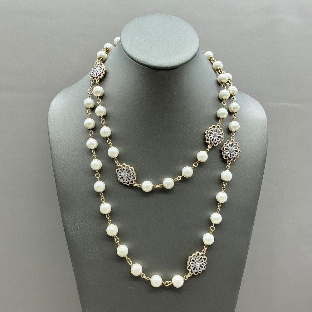 Charter Club Faux Pearl Flower Station Necklace Women Gold Cream Long Strand